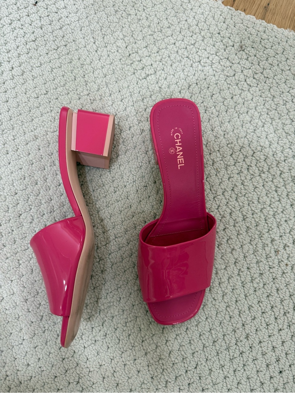 CHANEL Hot Pink Patent Slide Mules with Block Heel